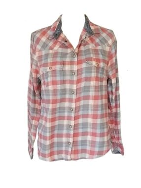 Retro Plaid Casual Button Down Shirt  in Soft Pink & Blue Plaid Womens M Medium